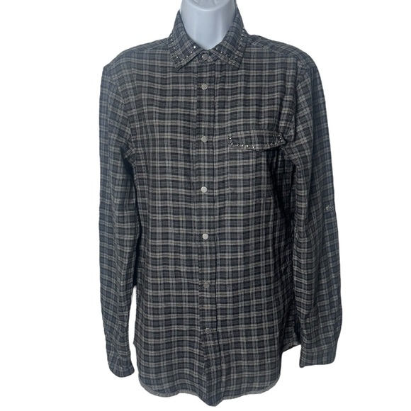 Armani Exchange Plaid Studded Long Sleeve Buttonup Rodeo Rocker Grunge XS - Picture 2 of 11